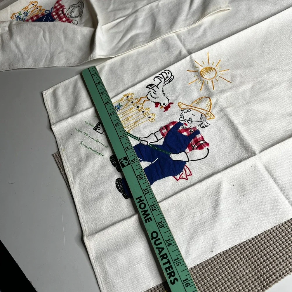 Vintage 1950s Hand Embroidered Tea Towels Set 2 Farm Grandmother Grandfather